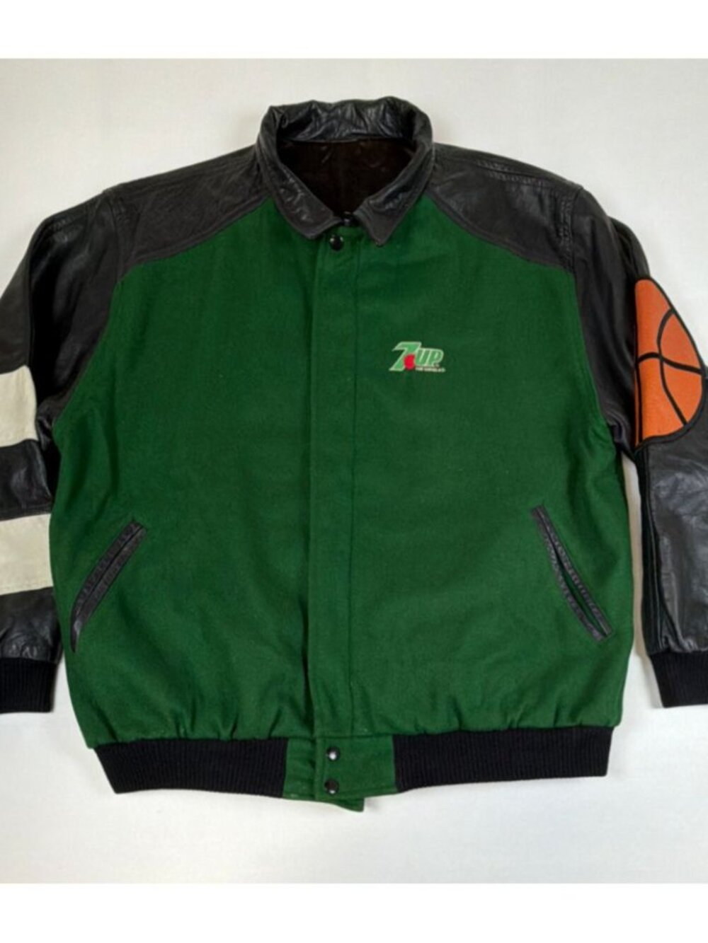 VTG 7-Up Shoot-Out Varsity Jacket Men Large Black Green Leather Wool USA 90s